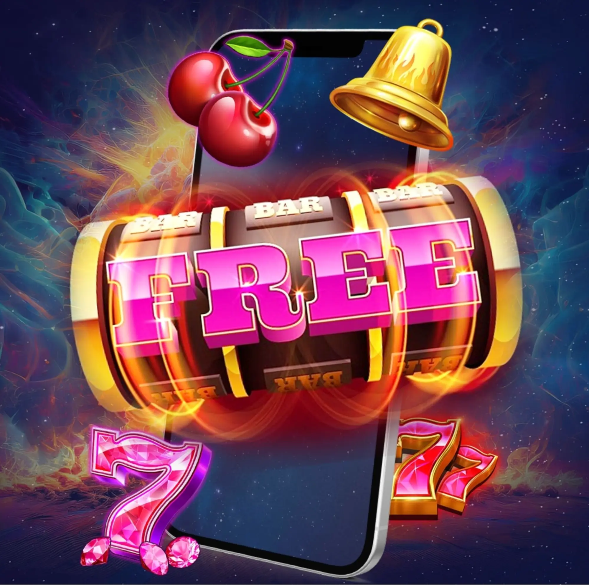 Freespiny v mobilu — válec „FREE“ a sedmičky. Mobil s válcem automatu s nápisem „FREE“, třešněmi, zlatým zvonkem a symboly 7 na vesmírném pozadí — promo na freespiny.
